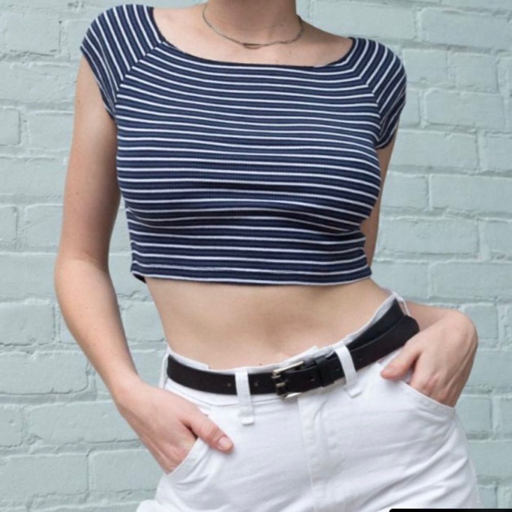 Brandy Melville Ellery fitted cropped smocked off shoulders blue striped top OS